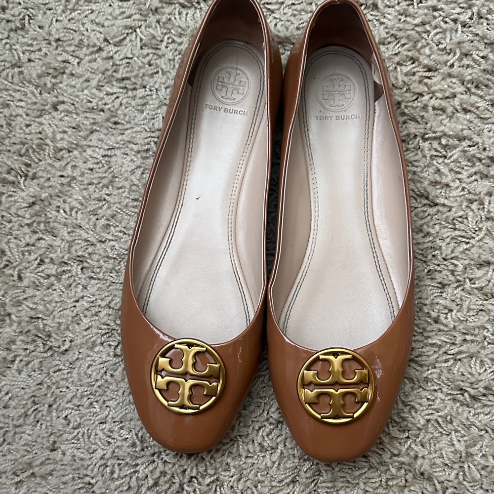 Tory Burch Brown Patent Flats with Gold Logo